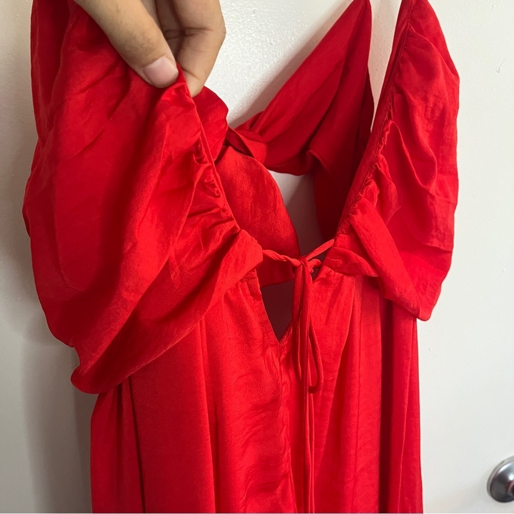 Lulu's Confidence Check Red Satin Cutout Tie Back Maxi Strappy Maxi Dress - Picture 4 of 11